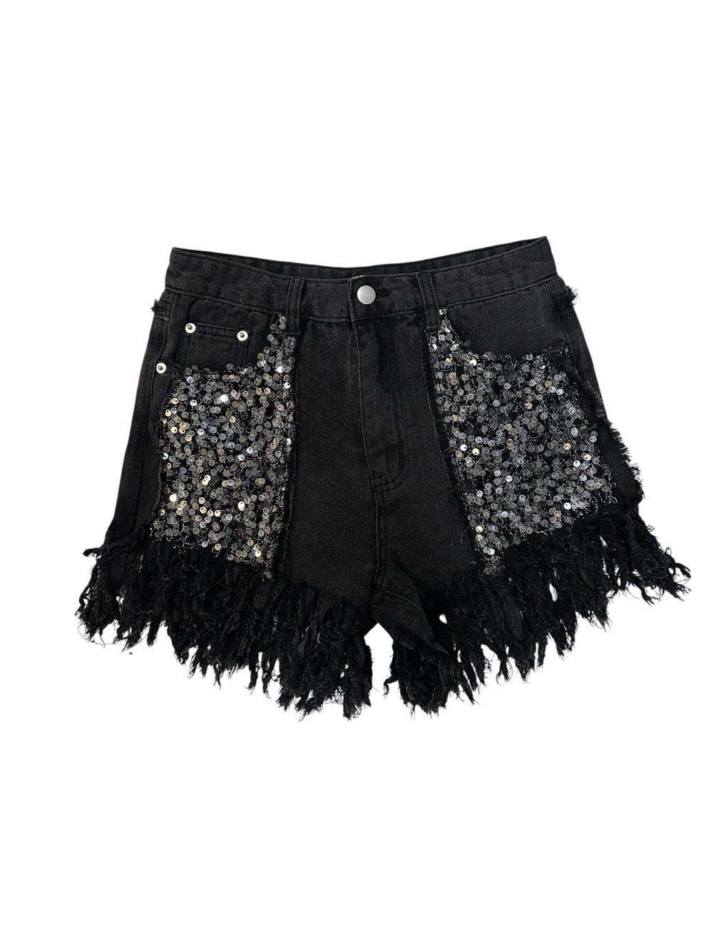 pol black sequin denim shorts